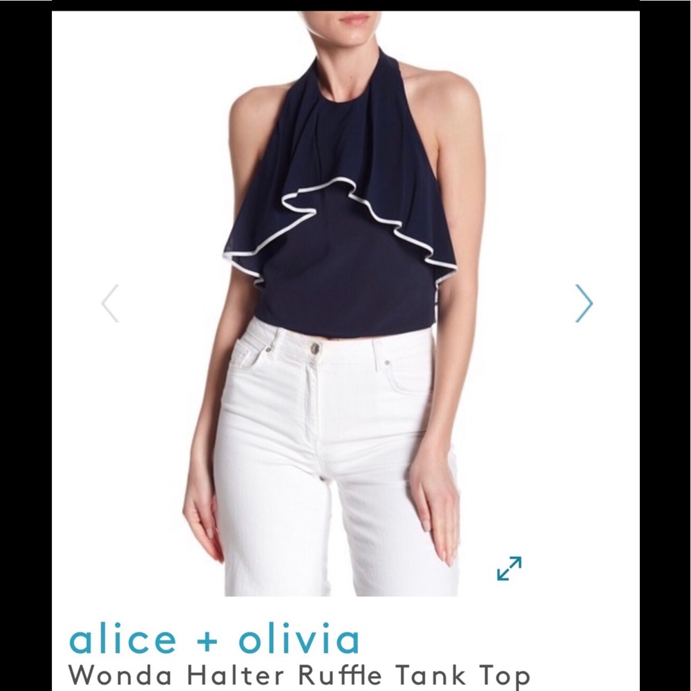 Alice + Olivia Navy Wanda Halter Ruffle Tank Top